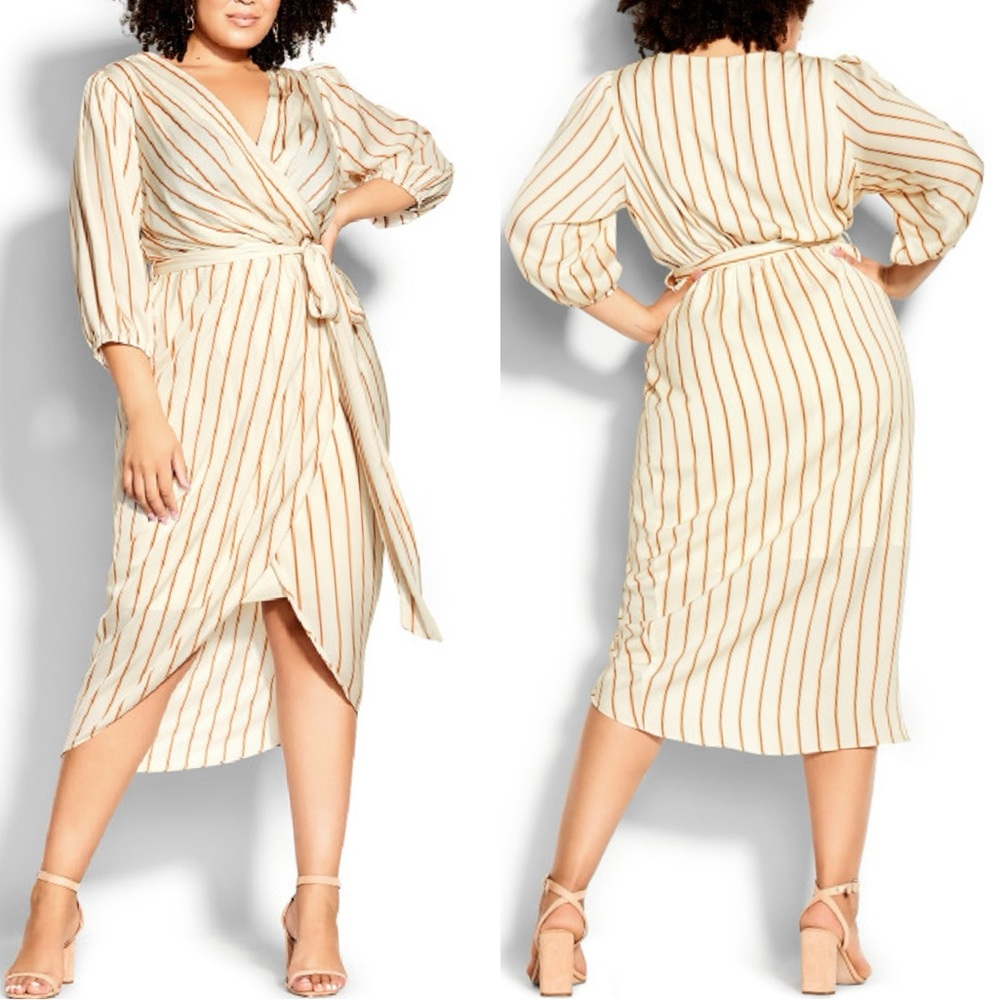 City Chic NWT Catalina‎ Belted Faux Wrap Midi Stripe Dress Cinnamon Size 12
